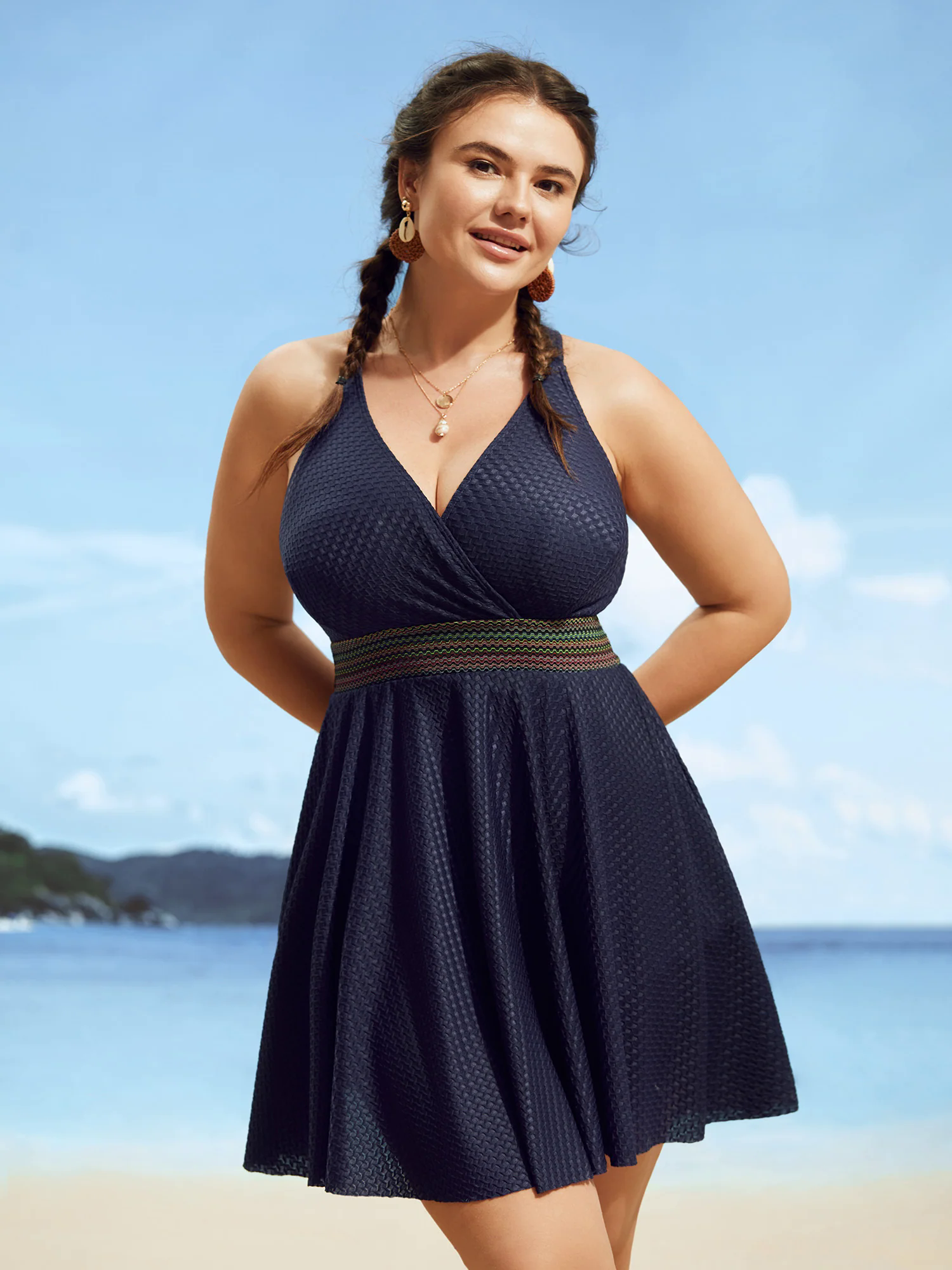 Overlap Collar Textured Gathered Pocket Swim Dress