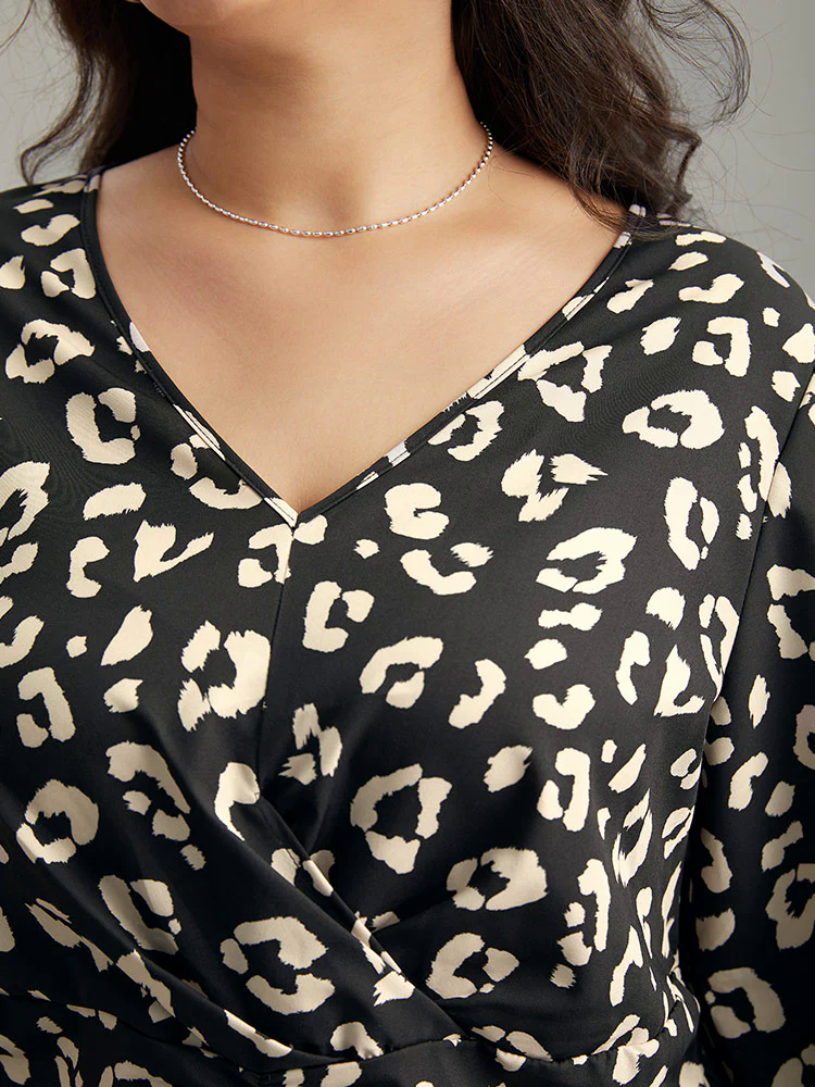 Leopard Print Crossover Ruched Shirred Blouse