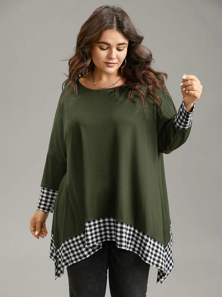 Plaid Patchwork Hanky Hem T-shirt Plaid Patchwork Hanky Hem T-shirt