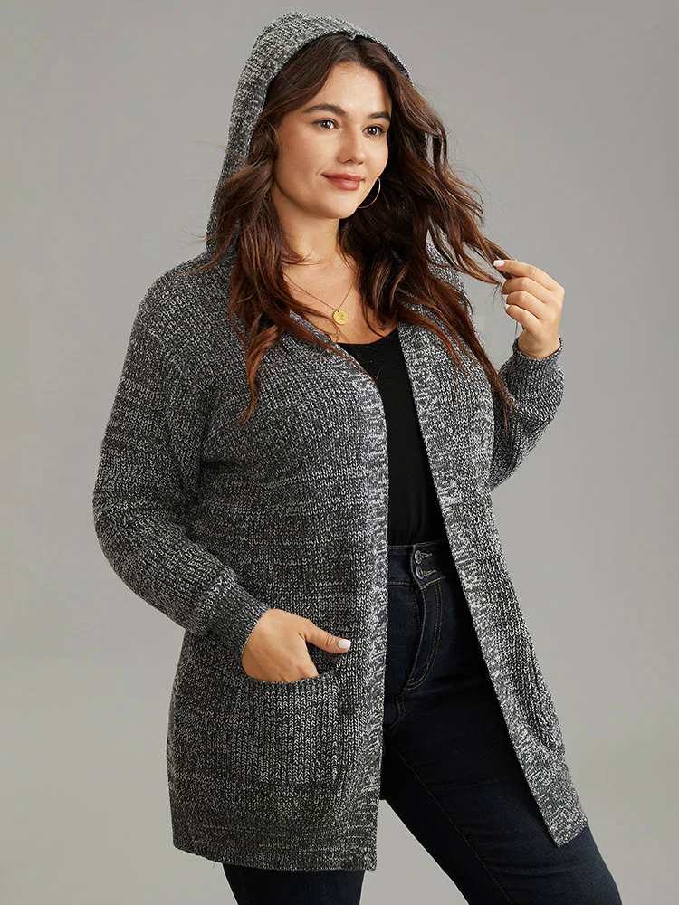 Heather Hooded Patched Pocket Open Front Tunic Cardigan