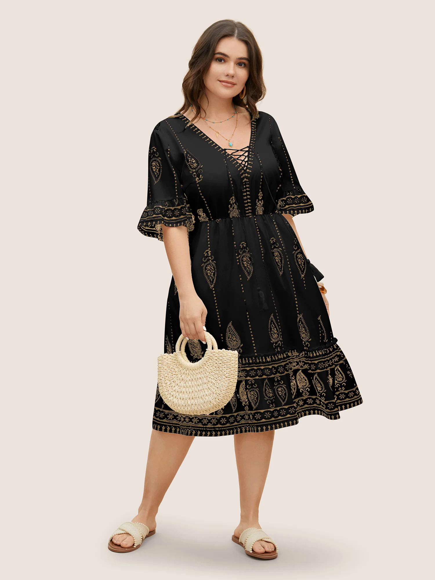 Boho Print Cross Straps Tassels Ruffles Dress Boho Print Cross Straps Tassels Ruffles Dress