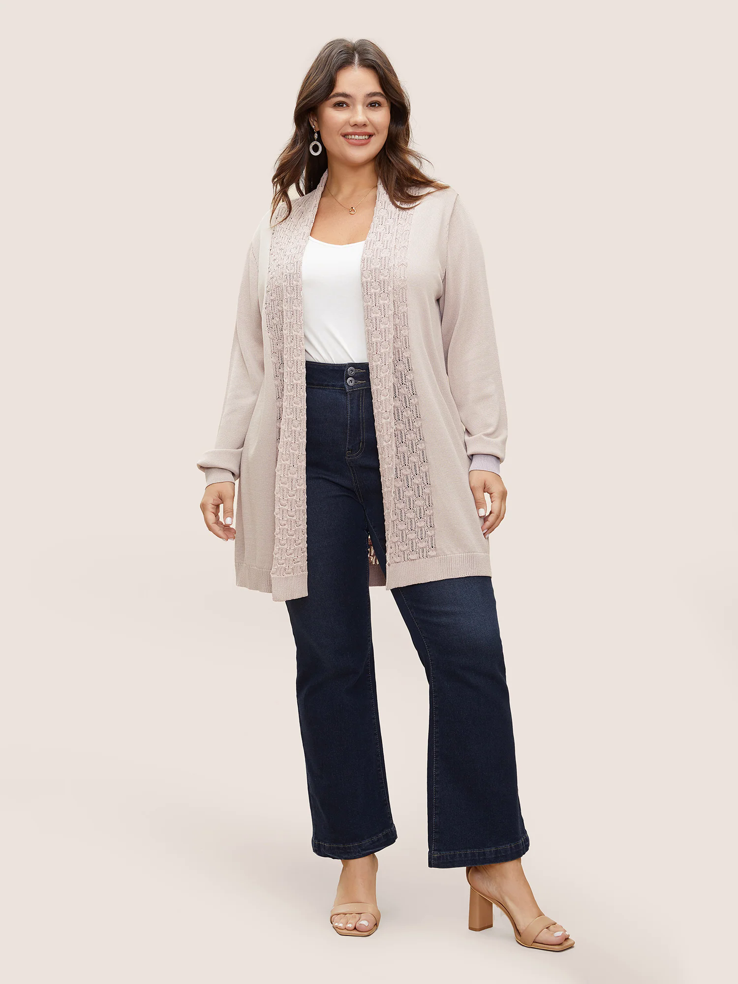 Plain Lapel Collar Pointelle Knit Backless Cardigan Plain Lapel Collar Pointelle Knit Backless Cardigan
