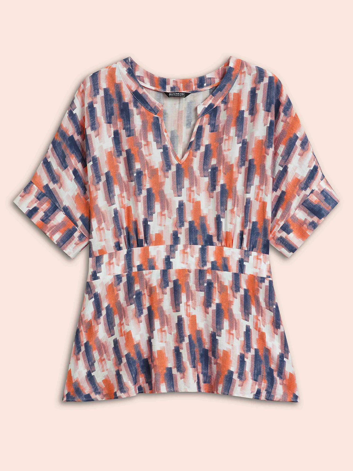 Brush Print Shirred Split Neck Blouse