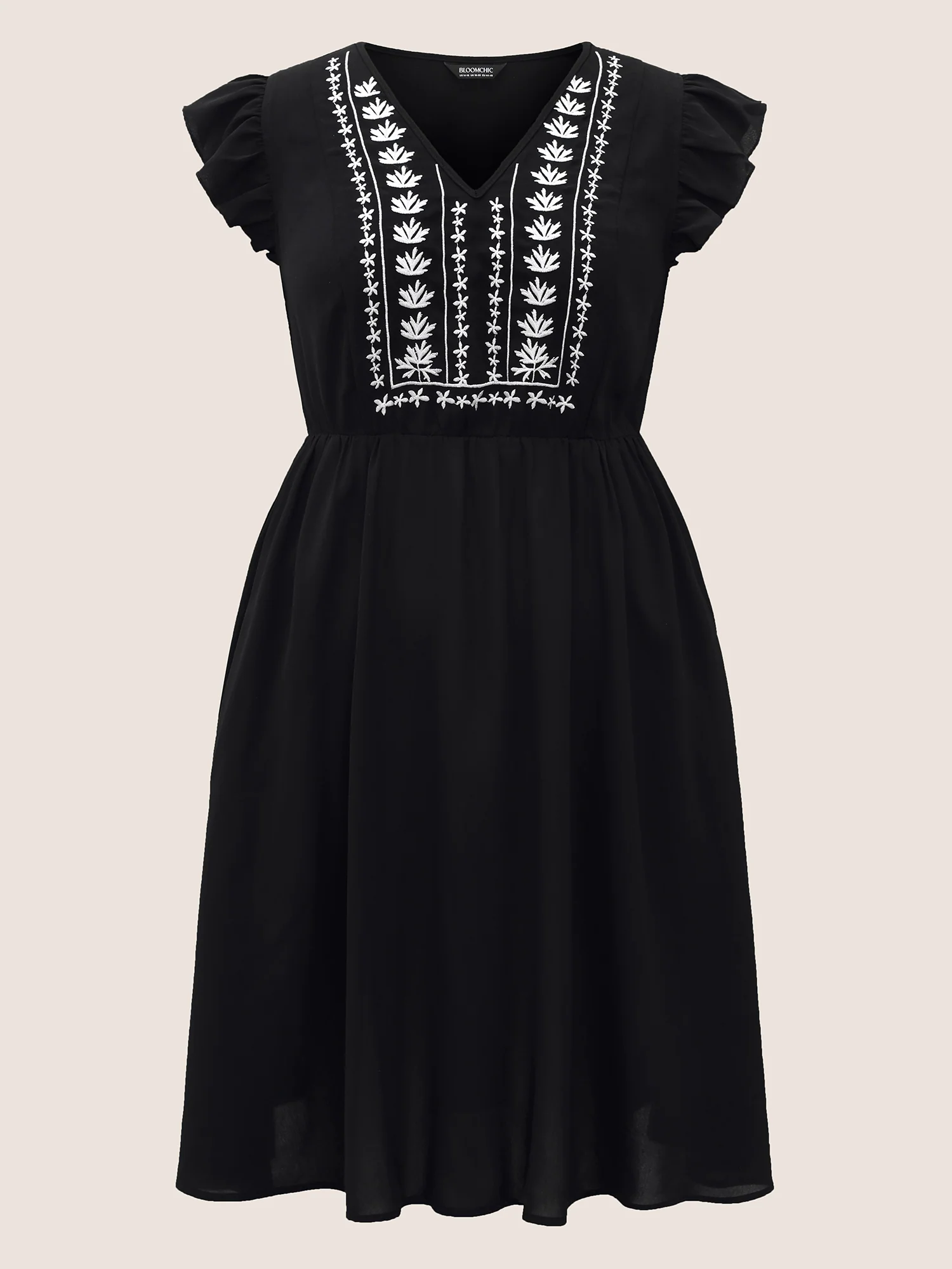 Floral Embroidered V Neck Ruffle Cap Sleeve Dress Floral Embroidered V Neck Ruffle Cap Sleeve Dress