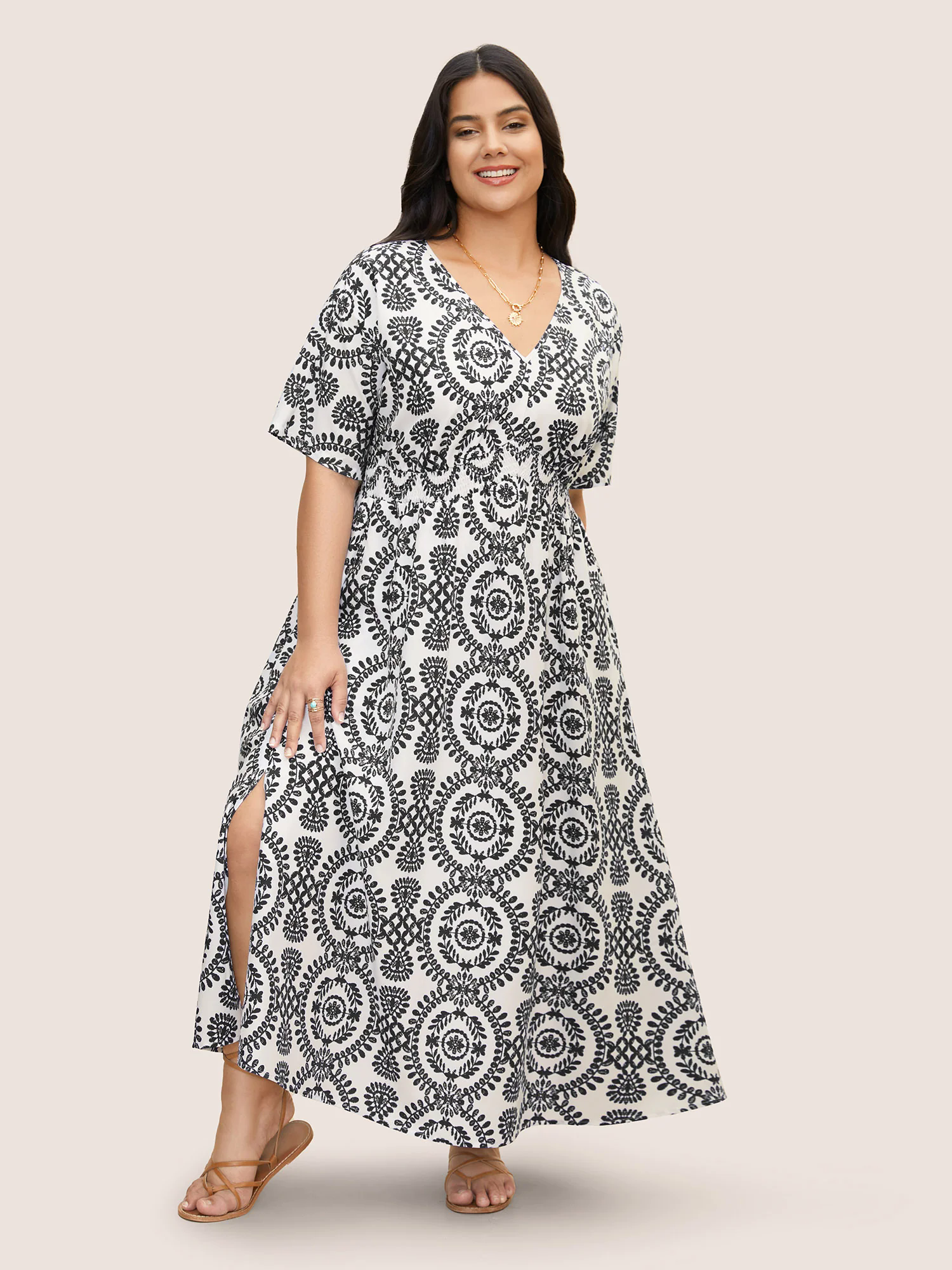 Bandana Print Shirred Split Side Maxi Dress