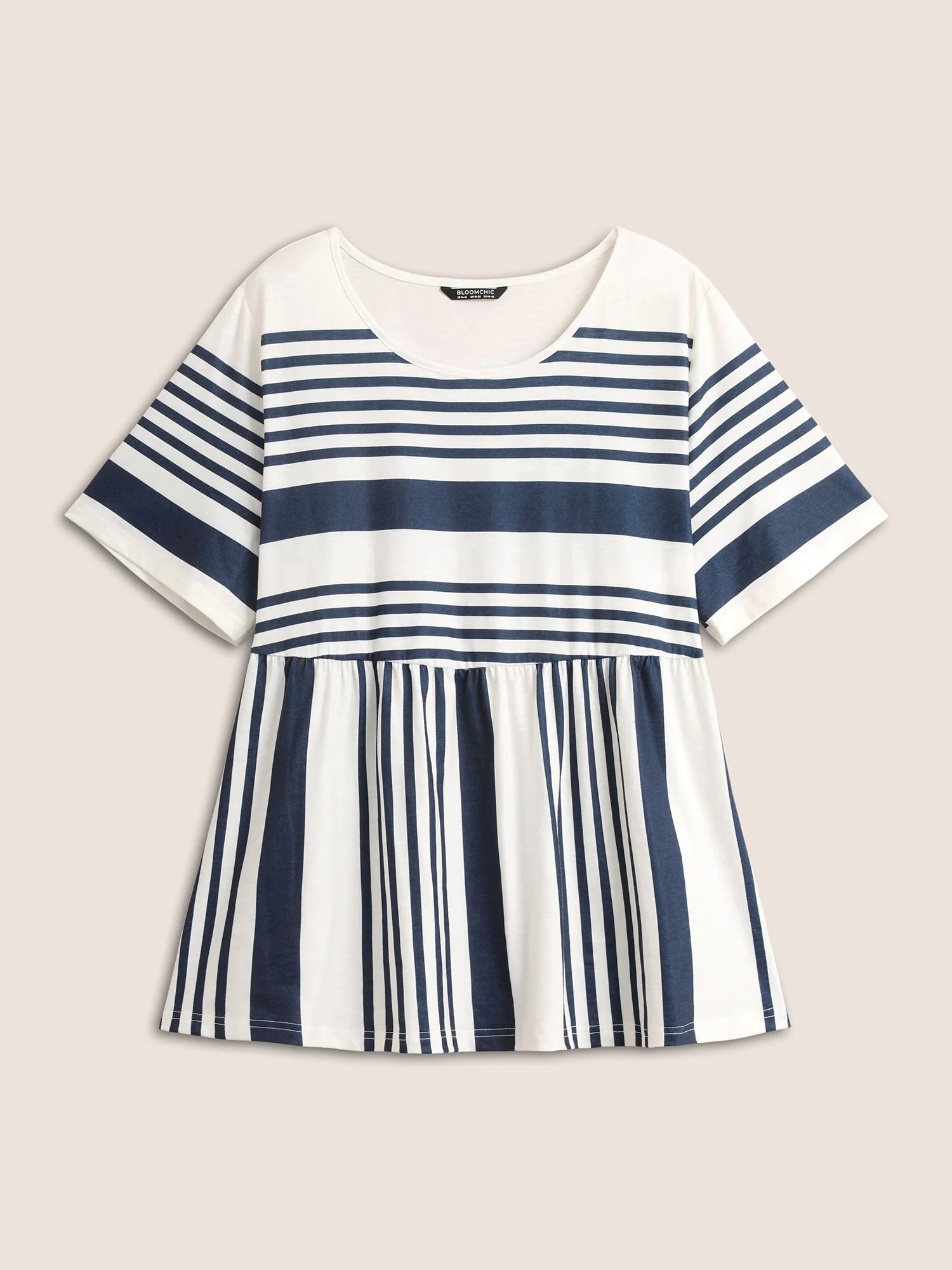 Striped Print Elastic Waist Round Neck T-shirt Striped Print Elastic Waist Round Neck T-shirt
