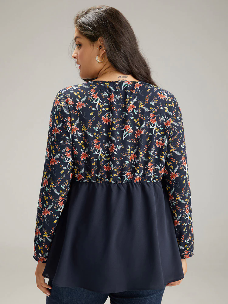 Floral Print Patchwork Pleated Blouse Floral Print Patchwork Pleated Blouse