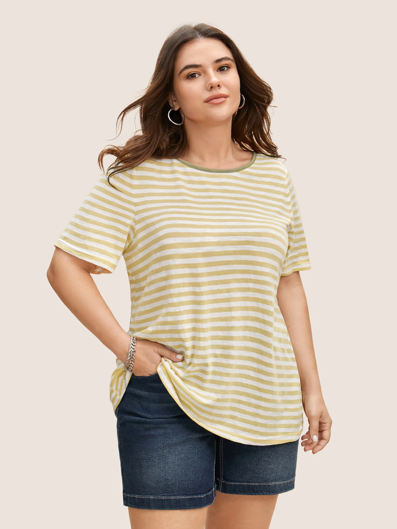Striped Round Neck Twist Backless T-shirt