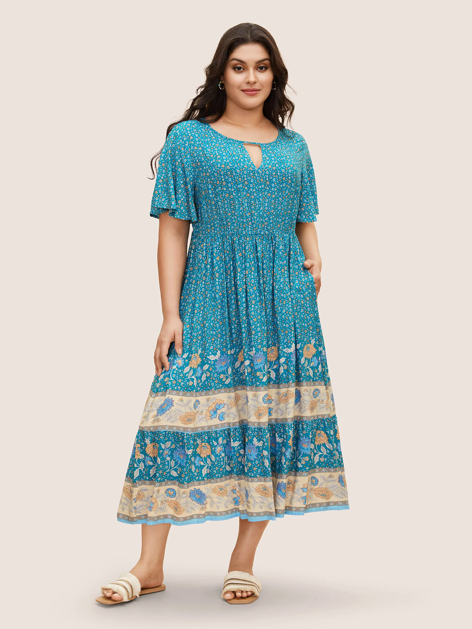 Bandana Keyhole Ruffle Sleeve Midi Dress Bandana Keyhole Ruffle Sleeve Midi Dress