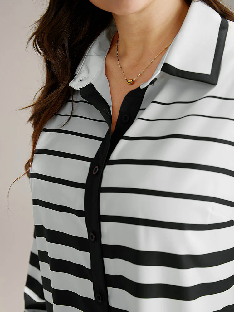 Striped Button Through Curved Hem Blouse