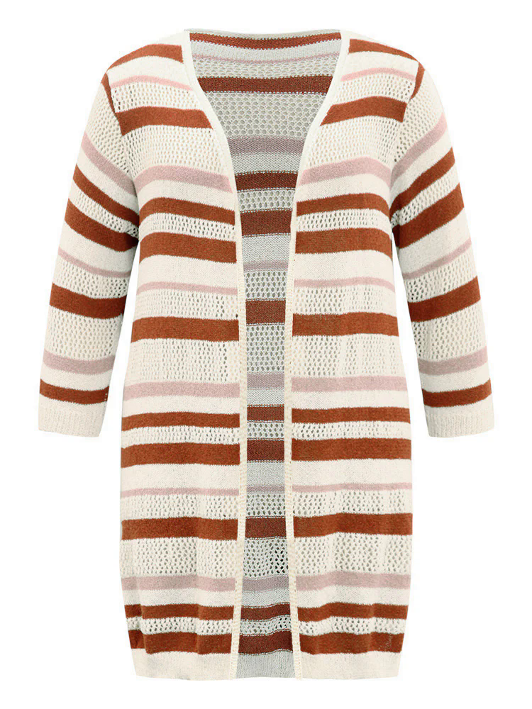 Striped Hollow Out Open Front Split Hem Cardigan