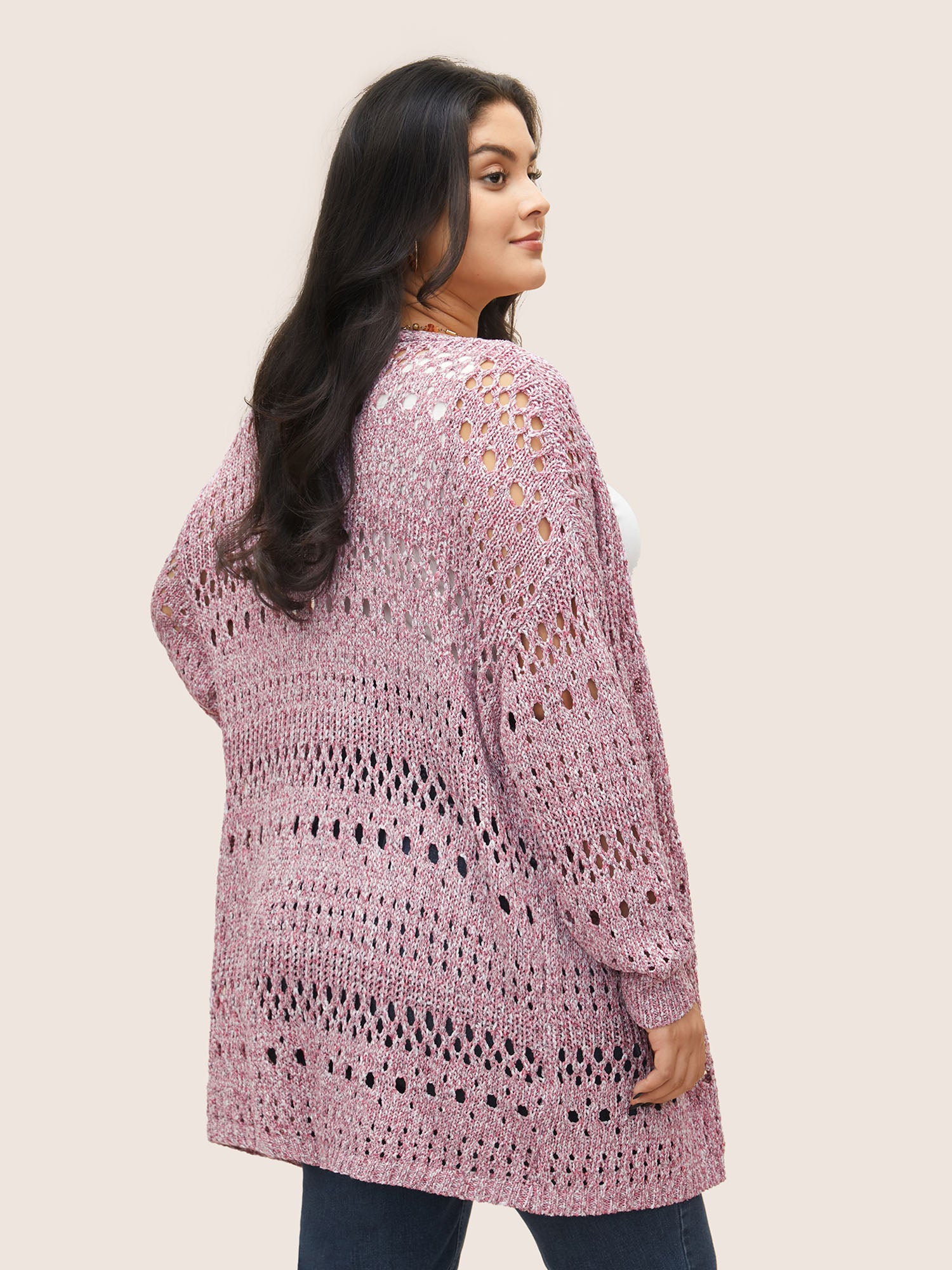 Heather Hollow Out Drop Shoulder Cardigan Heather Hollow Out Drop Shoulder Cardigan