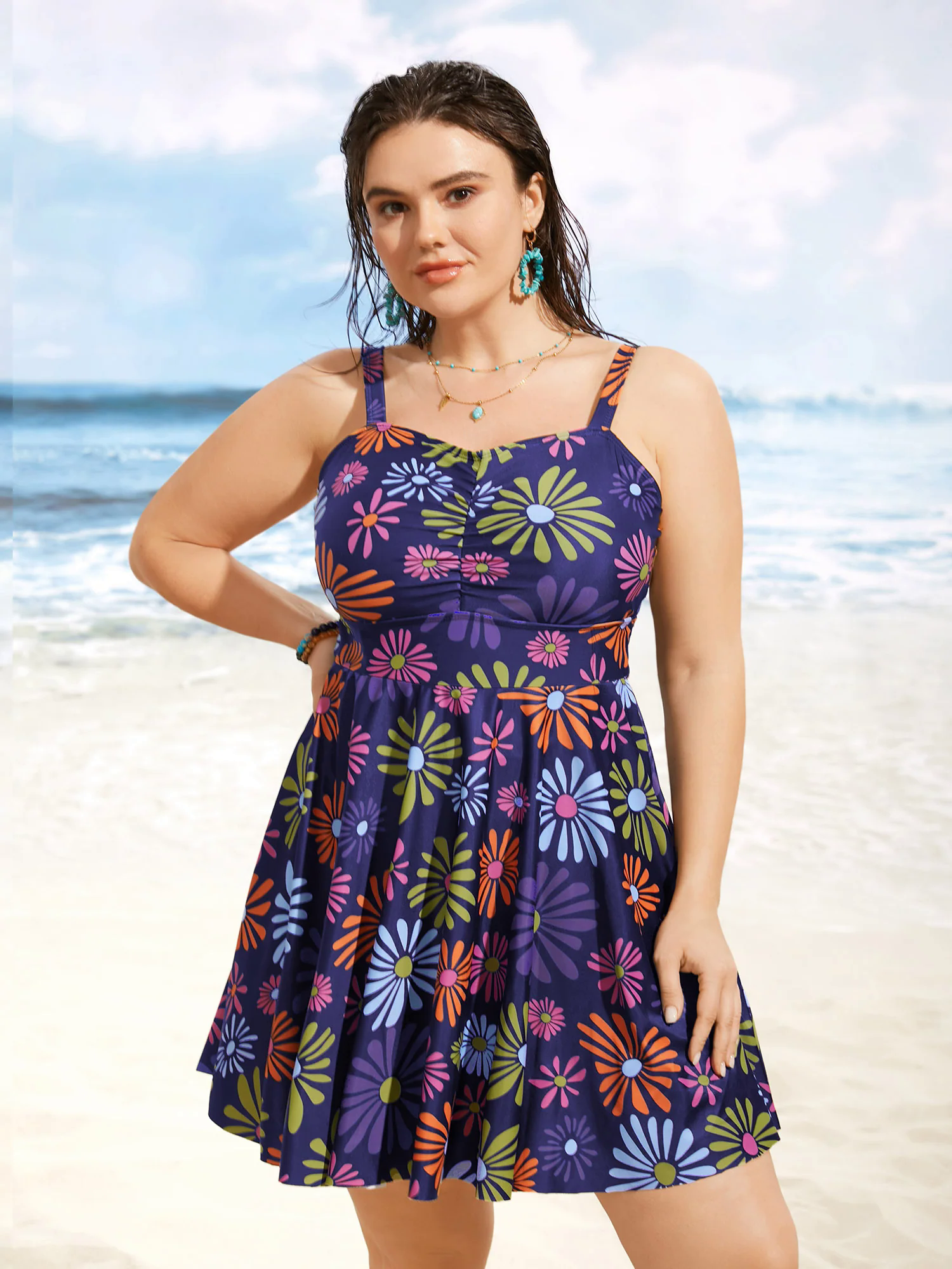 Floral Heart Neckline Ruched Swim Dress Floral Heart Neckline Ruched Swim Dress