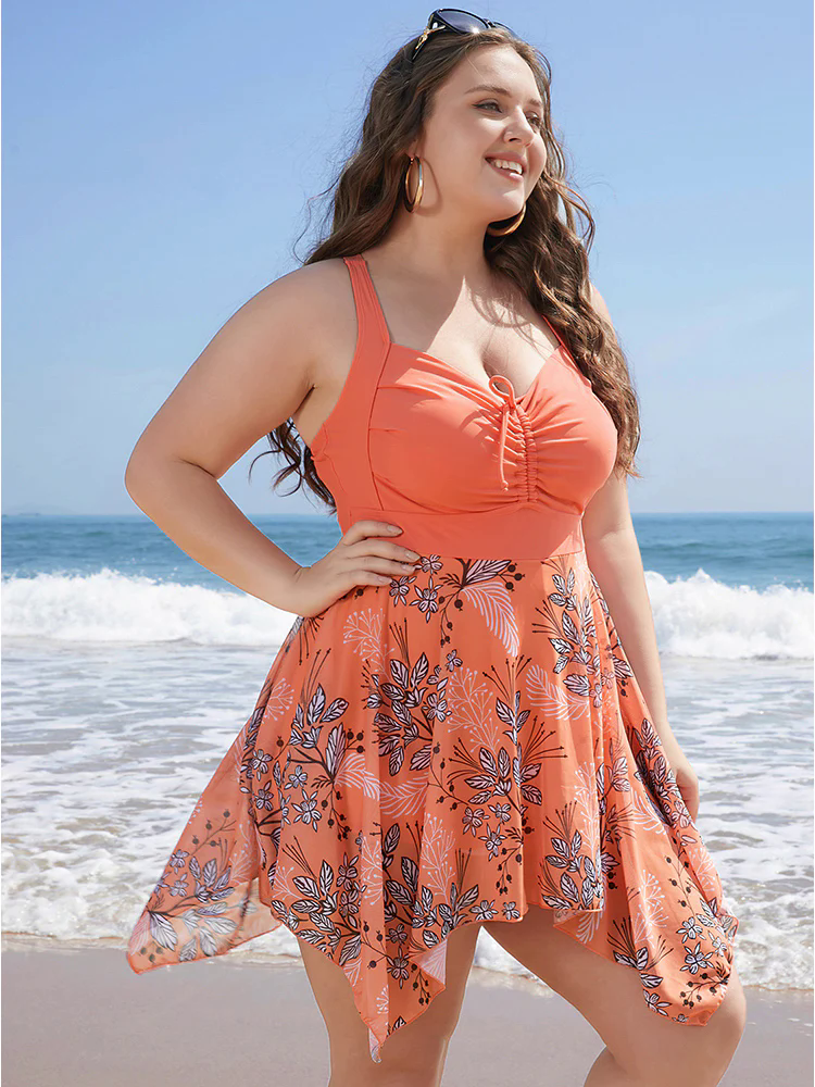 Floral Drawstring Crisscross Back Hanky Hem Swim Dress