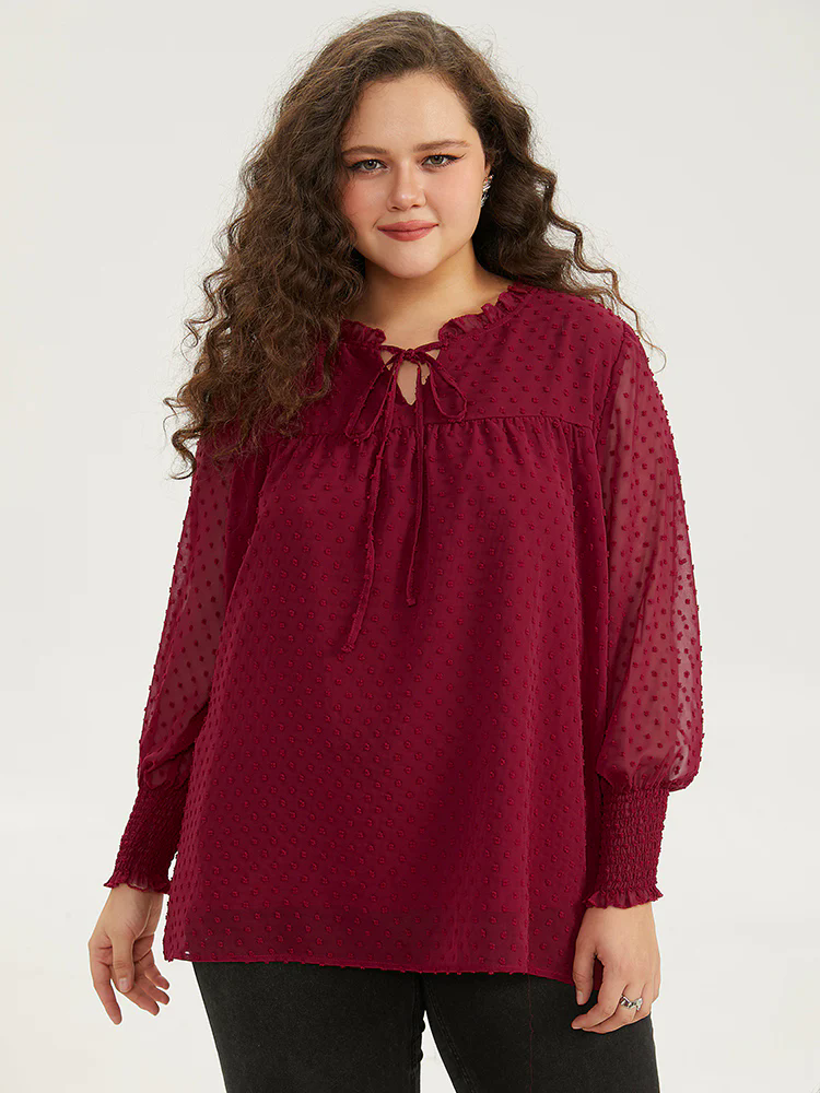 Halloween Solid Tie Neck Shirred Blouse