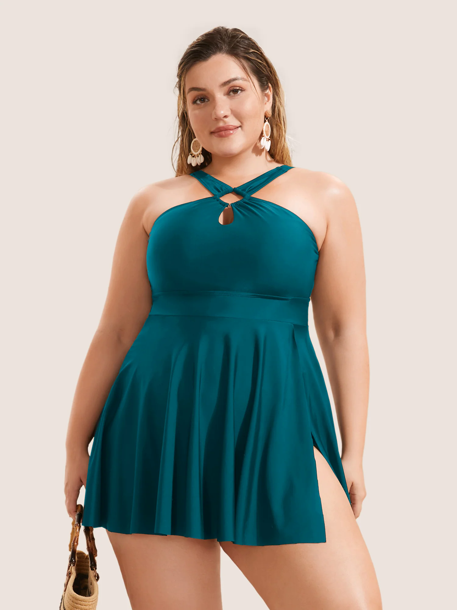 Plain Cut Out Split Side Swim Dress Plain Cut Out Split Side Swim Dress