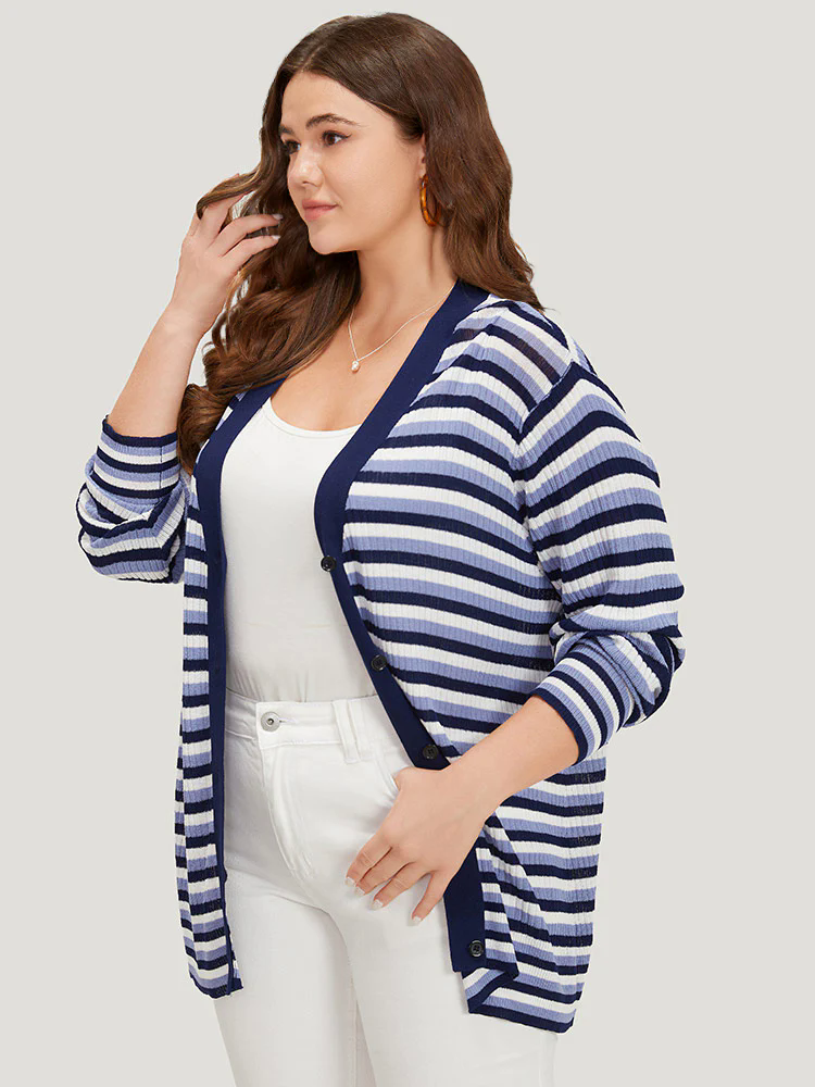 Contrast Striped Rib Knit Button Through Cardigan