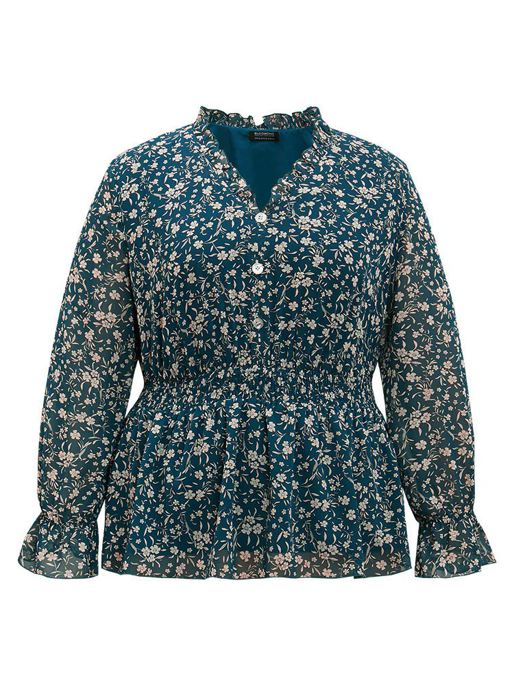 Ditsy Floral Chiffon Shirred Ruffles Frill Trim Blouse Ditsy Floral Chiffon Shirred Ruffles Frill Trim Blouse