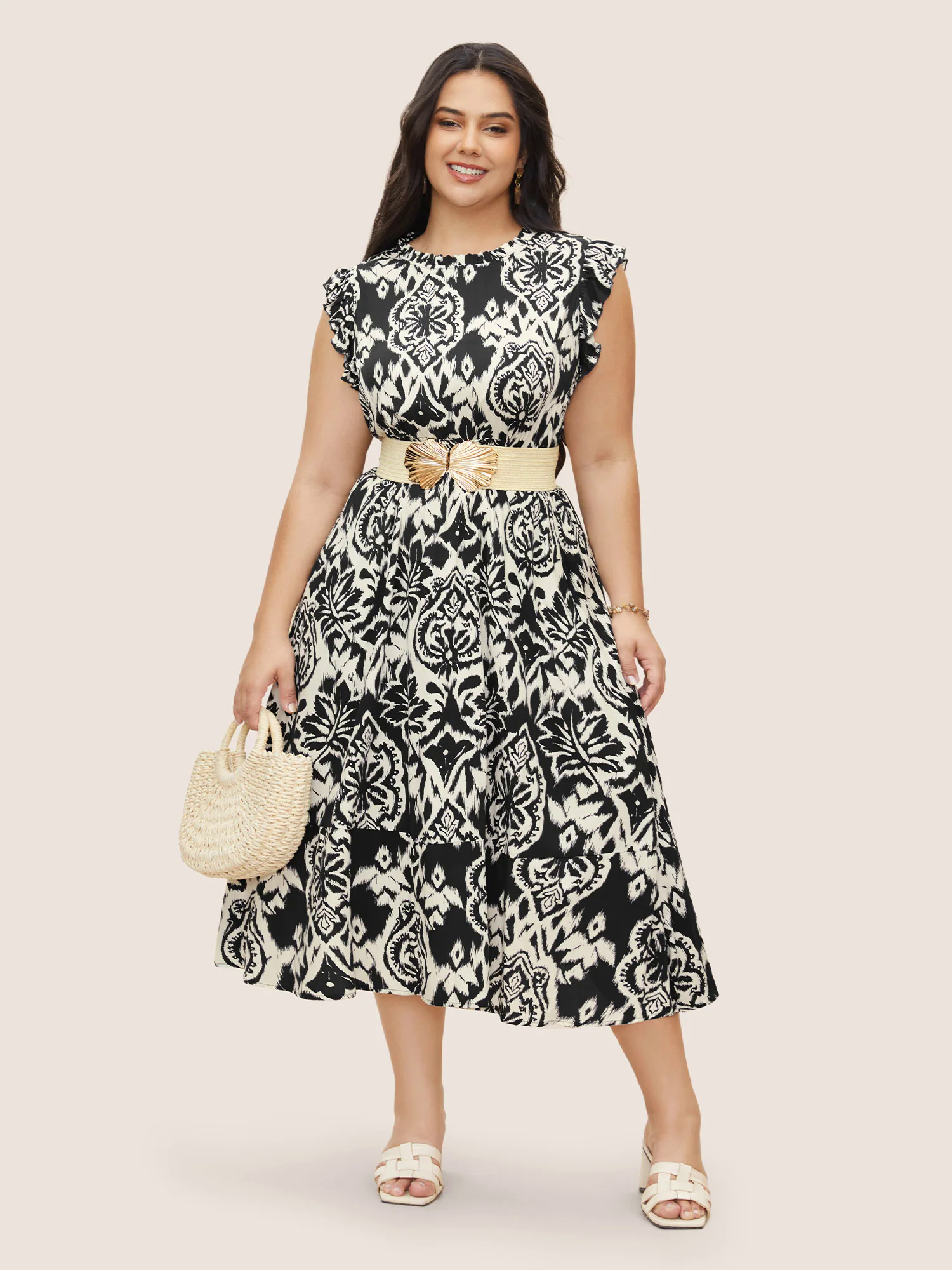 Boho Print Mock Neck Shirred Ruffle Cap Sleeve Dress Boho Print Mock Neck Shirred Ruffle Cap Sleeve Dress