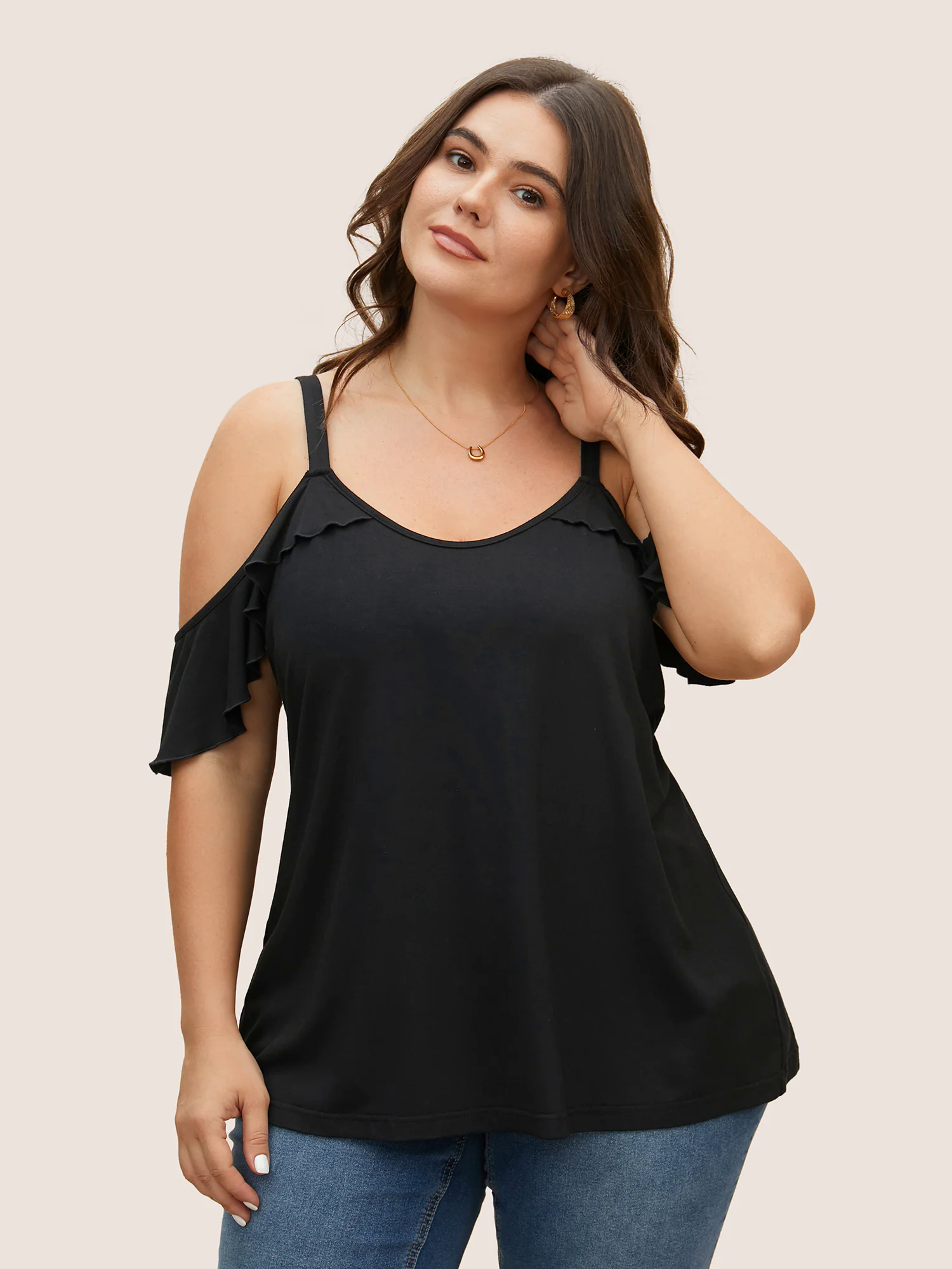 Plain Cold Shoulder Ruffle Trim T-shirt Plain Cold Shoulder Ruffle Trim T-shirt