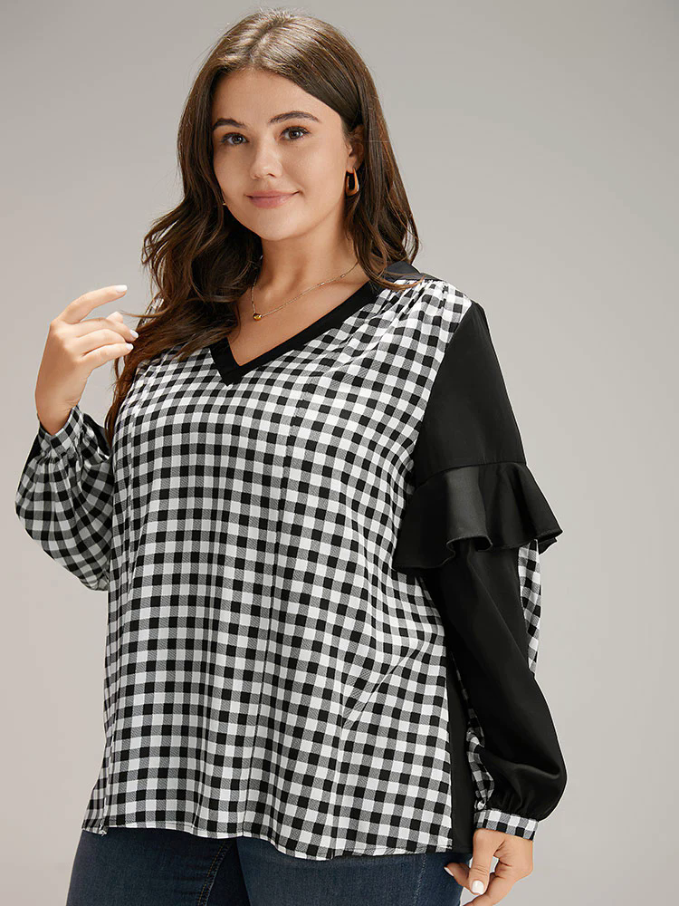 Gingham Patchwork Ruffle Trim Blouse Gingham Patchwork Ruffle Trim Blouse