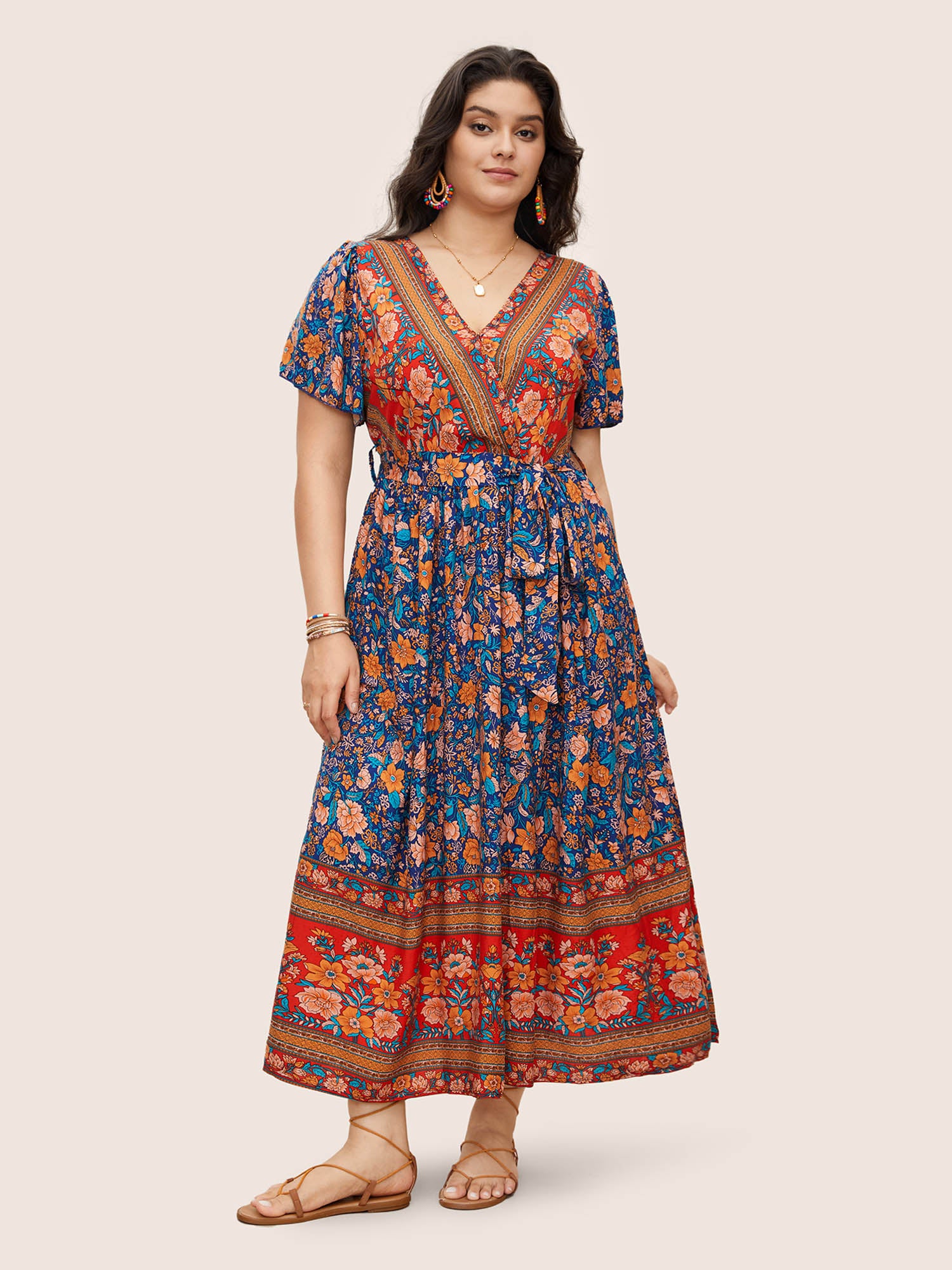 Bandana Surplice Neck Pocket Belted Flutter Hem Maxi Dress Bandana Surplice Neck Pocket Belted Flutter Hem Maxi Dress