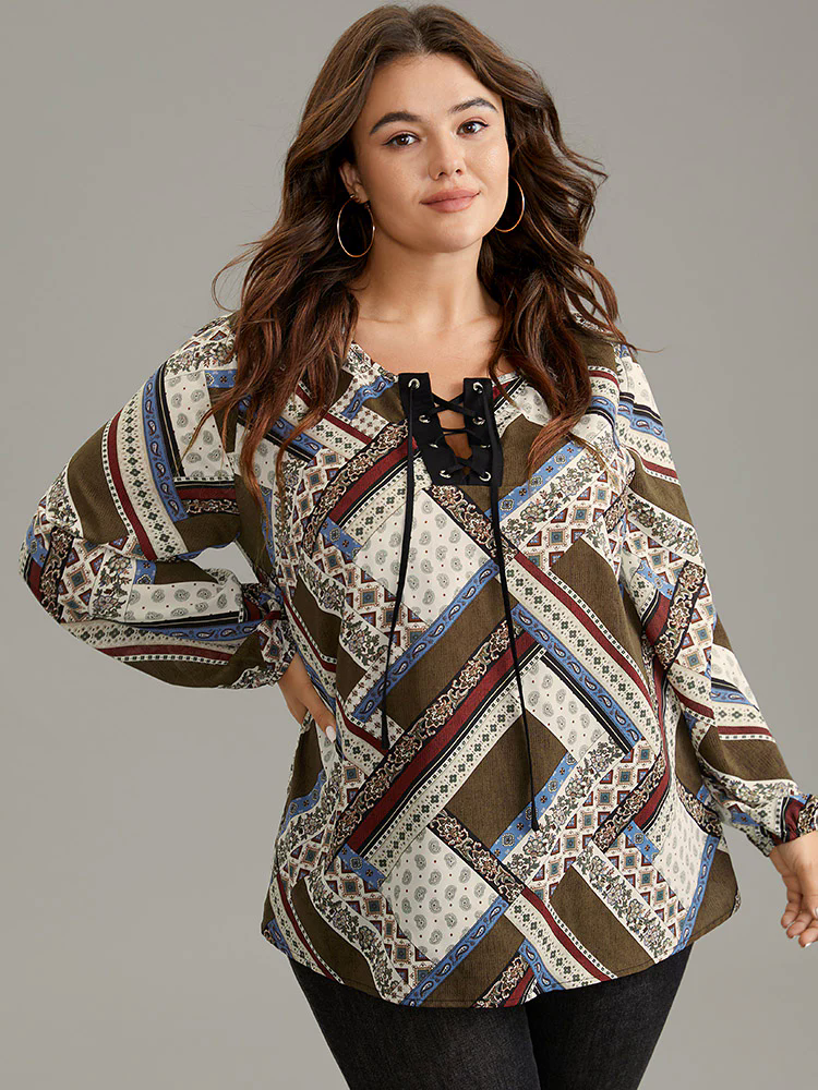 Moroccan Print Lace Up Lantern Sleeve Blouse