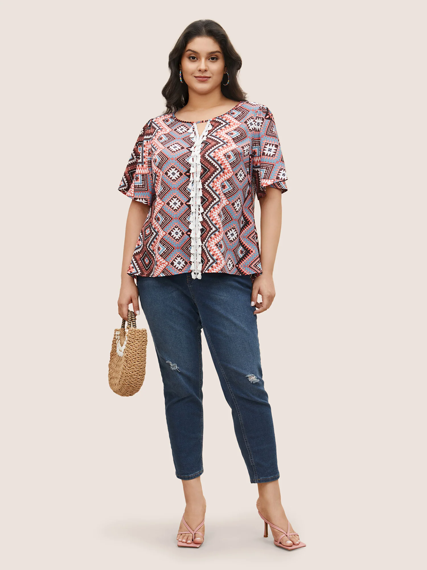 Bandana Keyhole Tassels Lace trim Blouse