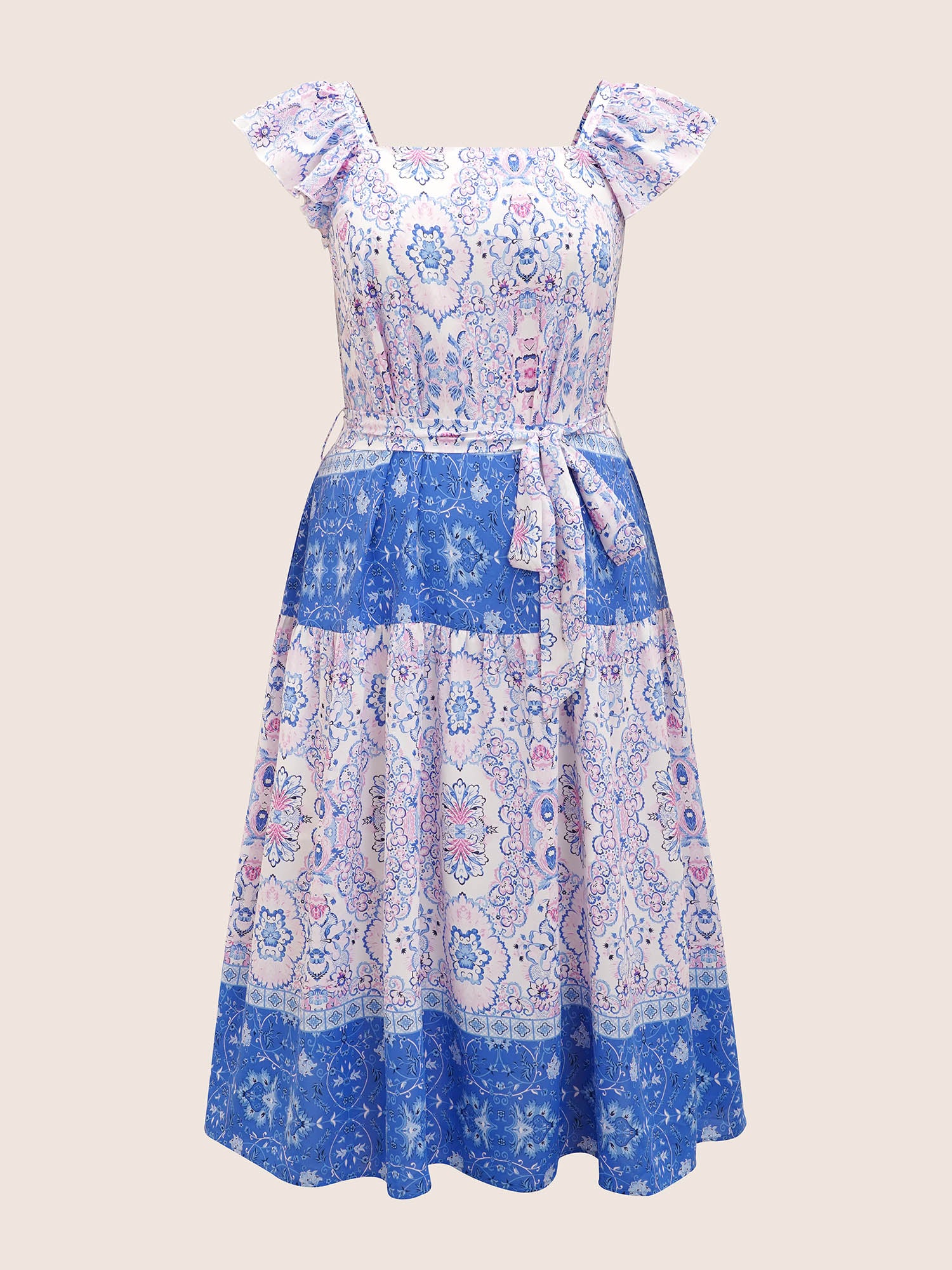 Boho Print Ruffle Sleeve Belted Midi Dress Boho Print Ruffle Sleeve Belted Midi Dress