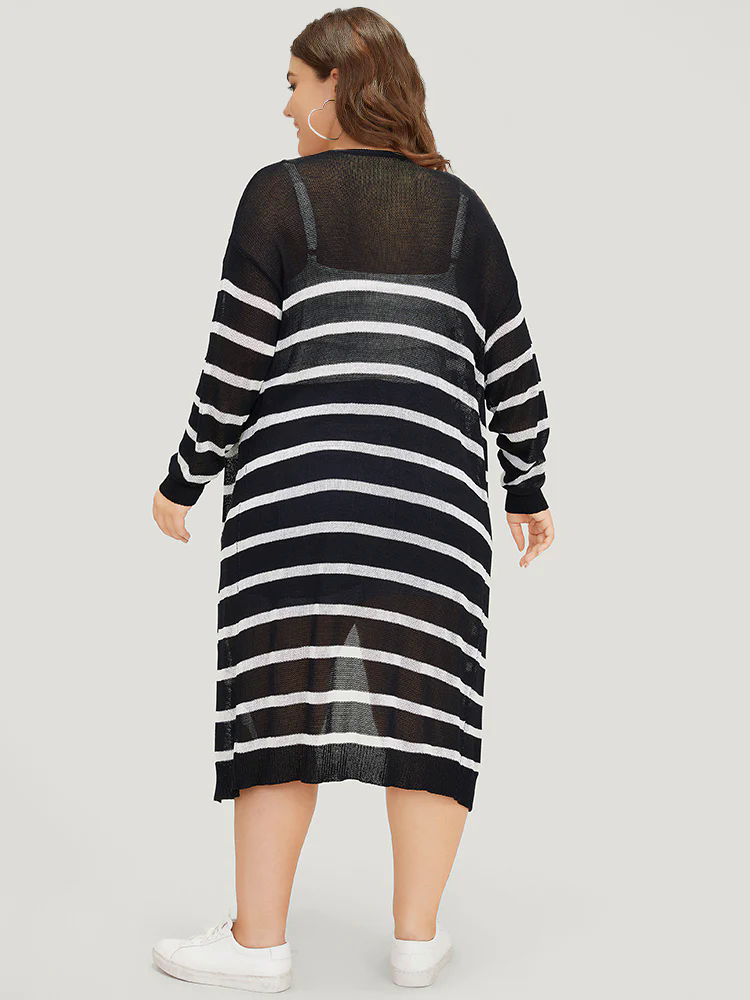 Striped Open Front Elastic Cuffs Drop Shoulder Cardigan