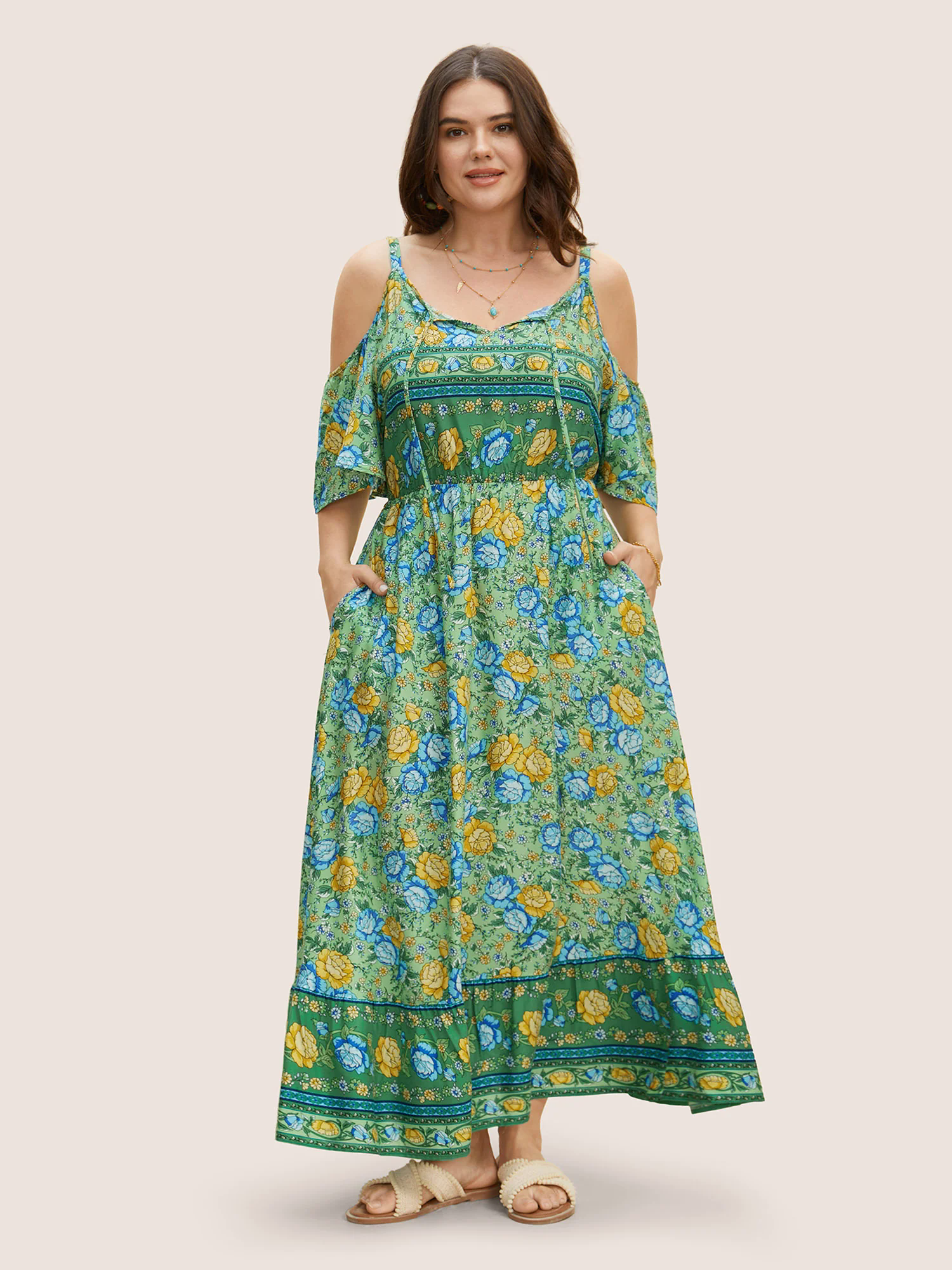 Floral Print Pocket Keyhole Ruffles Cold Shoulder Maxi Dress Floral Print Pocket Keyhole Ruffles Cold Shoulder Maxi Dress