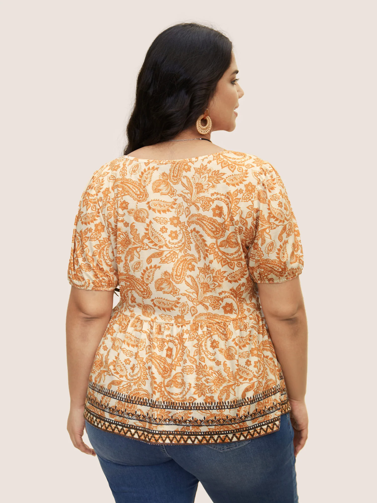 Boho Print Contrast Puff Sleeve T-shirt Boho Print Contrast Puff Sleeve T-shirt