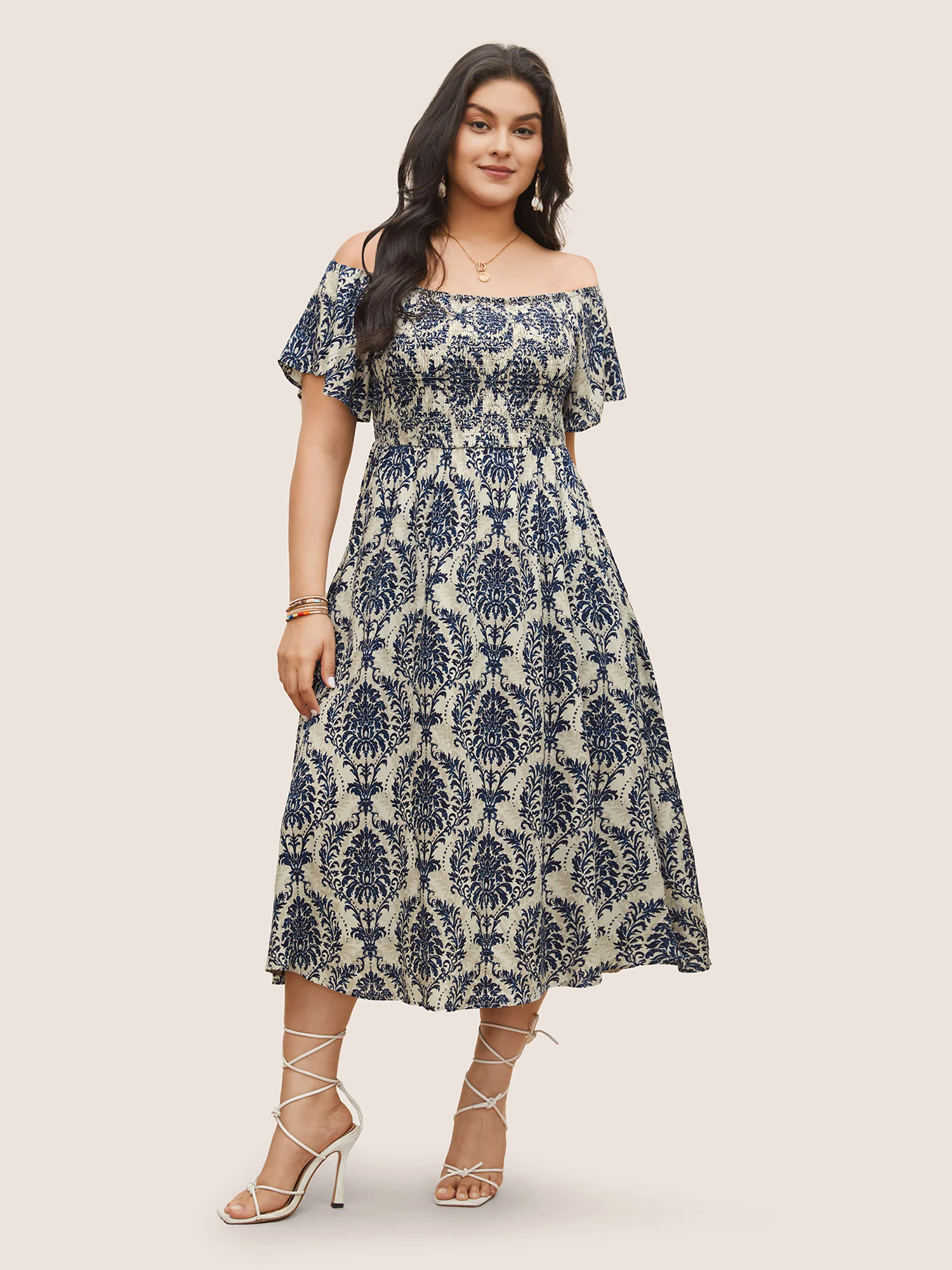 Bandana Print Shirred Off Shoulder Dress