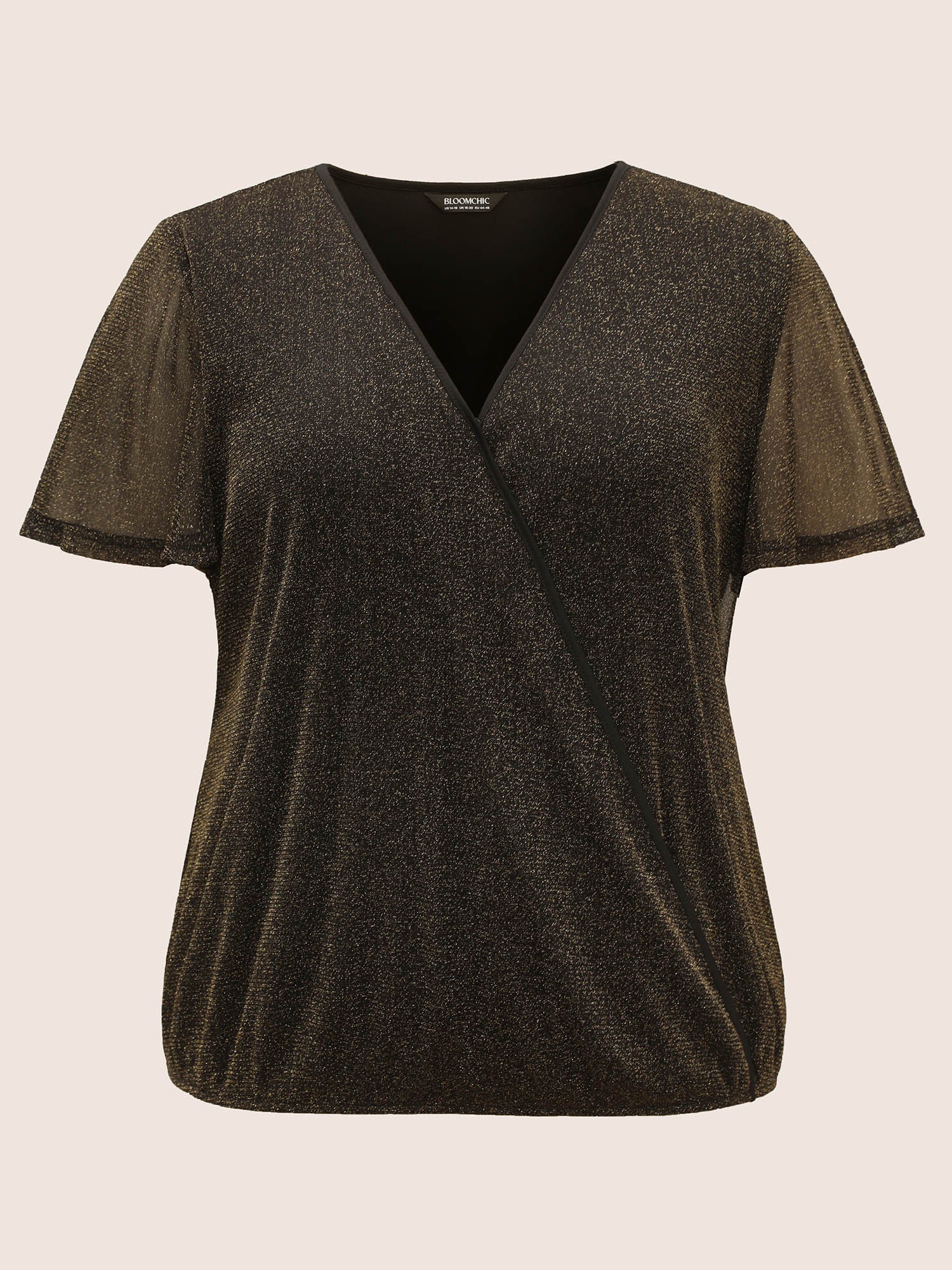 Overlap Collar Metallic Luster Knitted Mesh Blouse