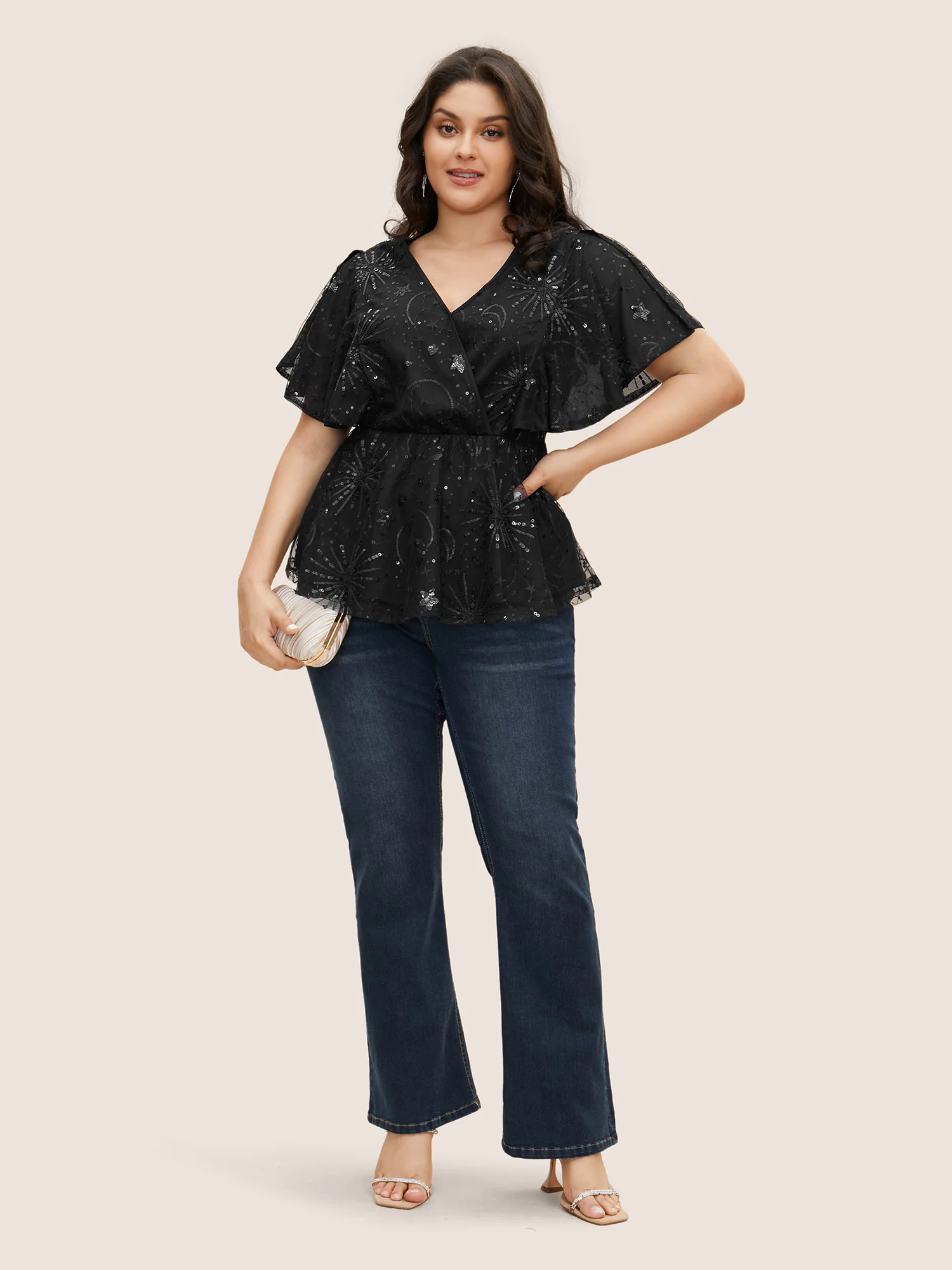 Overlap Collar Star Sequin Mesh Embroidered T-shirt Overlap Collar Star Sequin Mesh Embroidered T-shirt