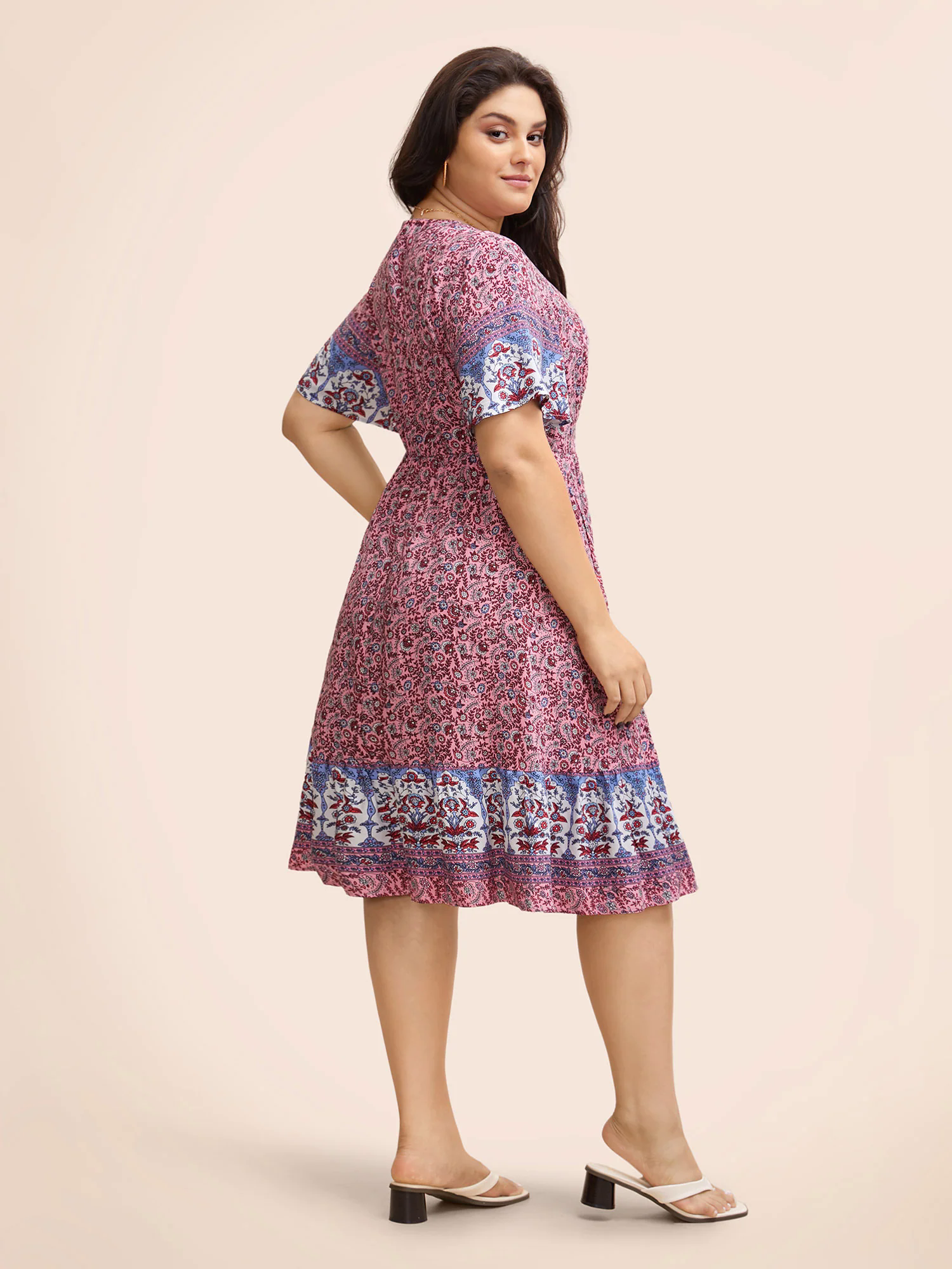 Boho Print Notched Collar Elastic Waist Dress Boho Print Notched Collar Elastic Waist Dress
