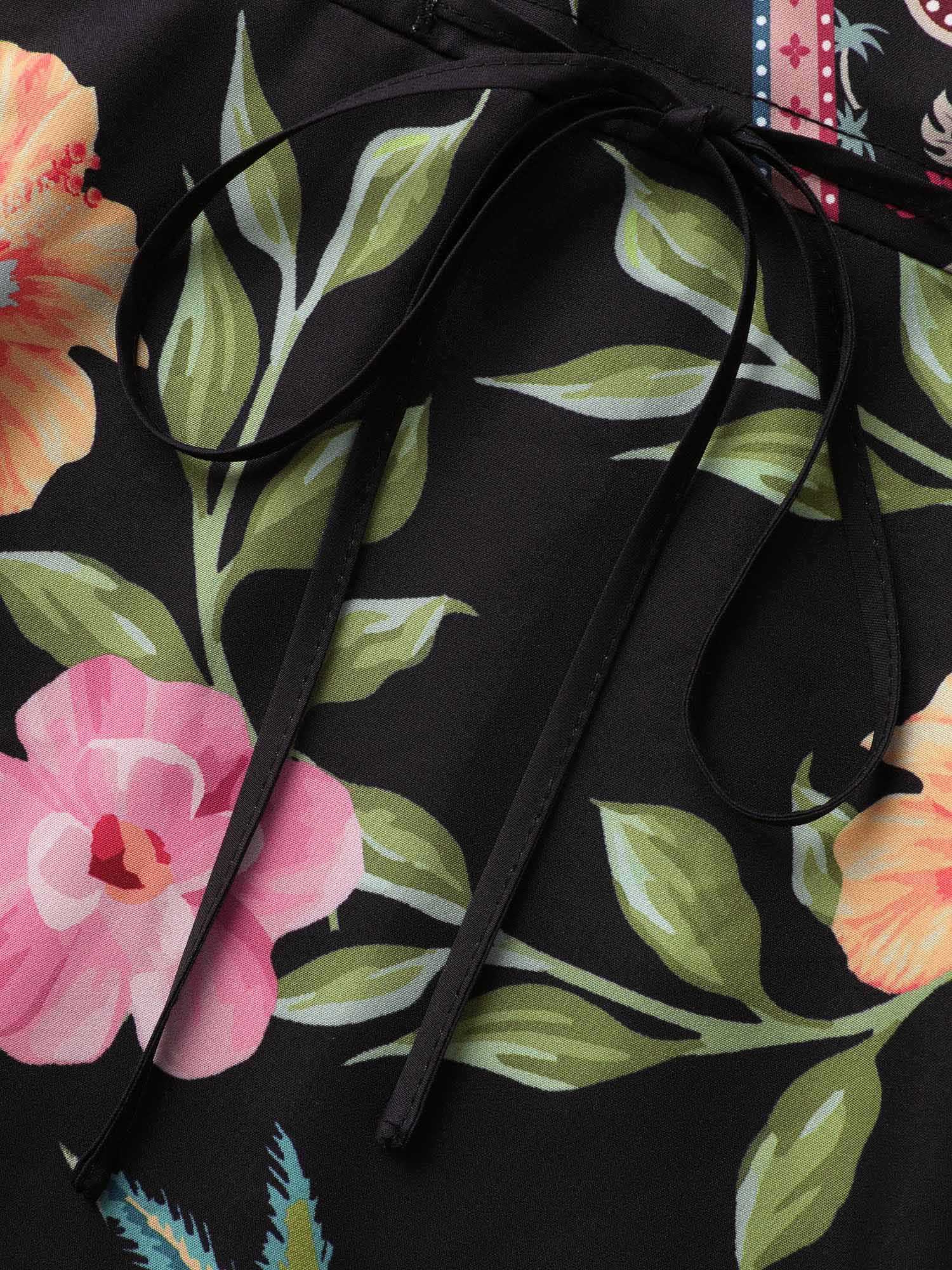 Boho Print Overlap Collar Drawstring Dress
