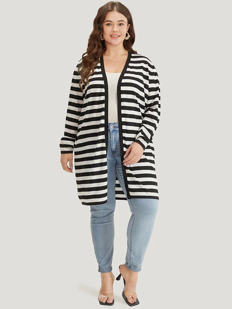 Striped Open Front Drop Shoulder Tunic Cardigan
