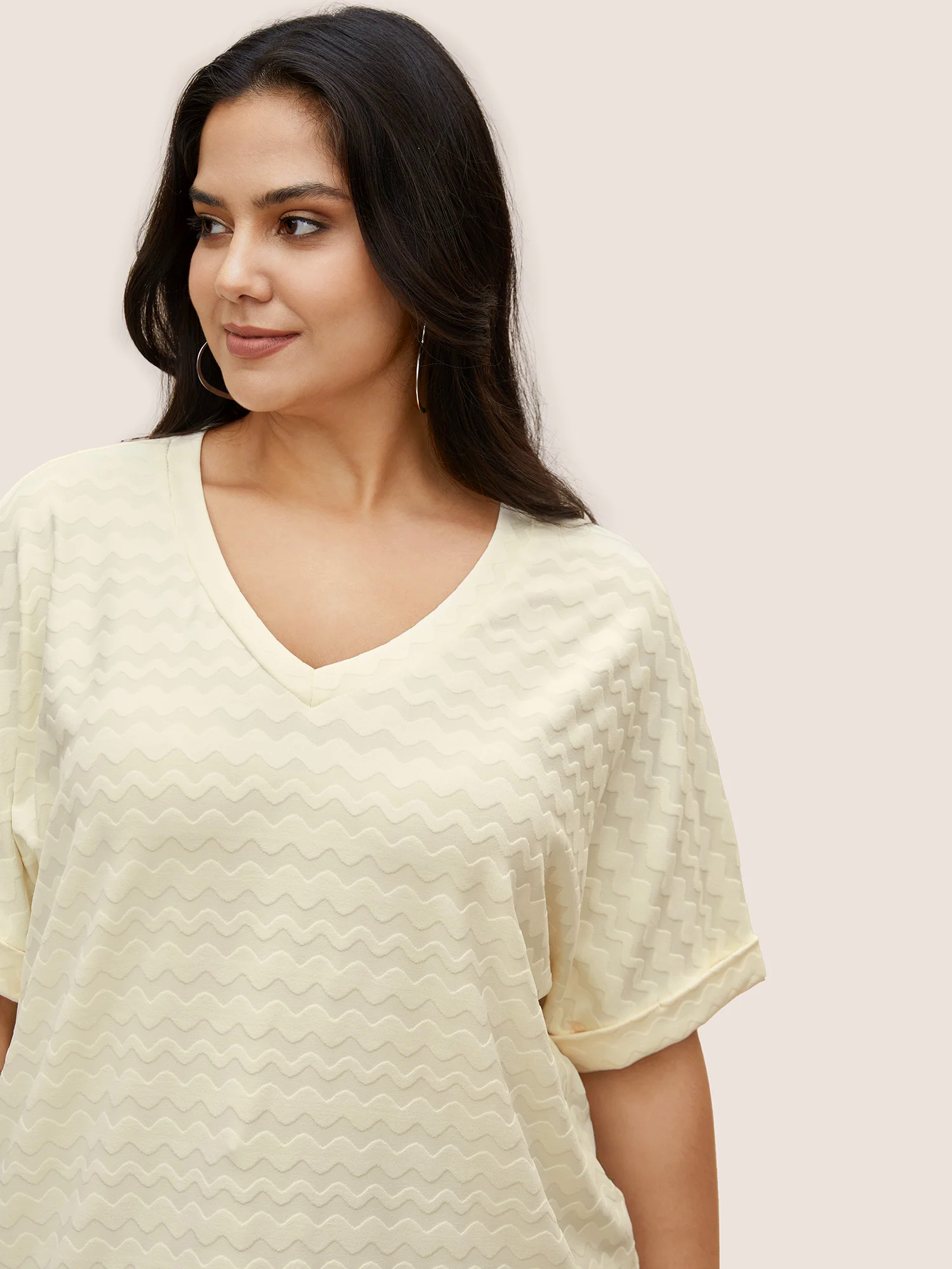 V Neck Plain Textured Batwing Sleeve T-shirt V Neck Plain Textured Batwing Sleeve T-shirt